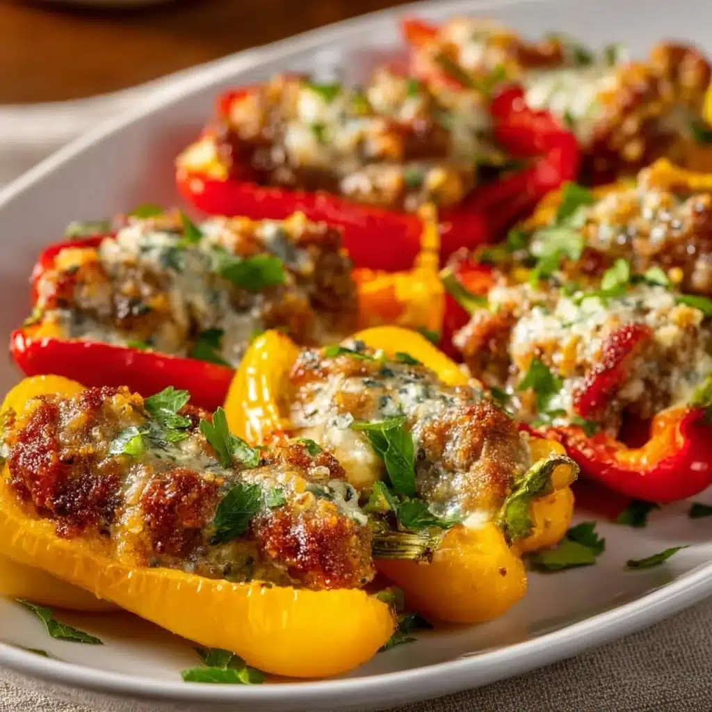 Sausage stuffed sweet mini peppers served on a plate