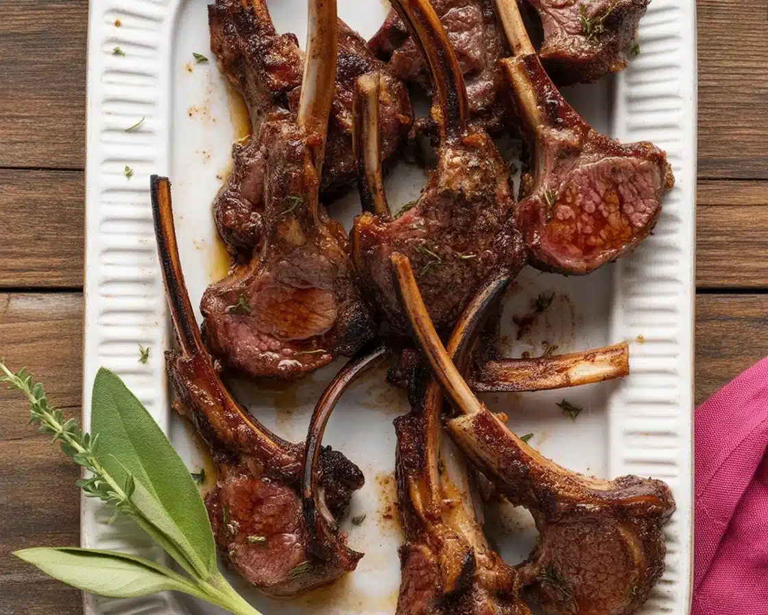 Fancy Pomegranate Lamb Chops plated with pomegranate sauce and herbs.
