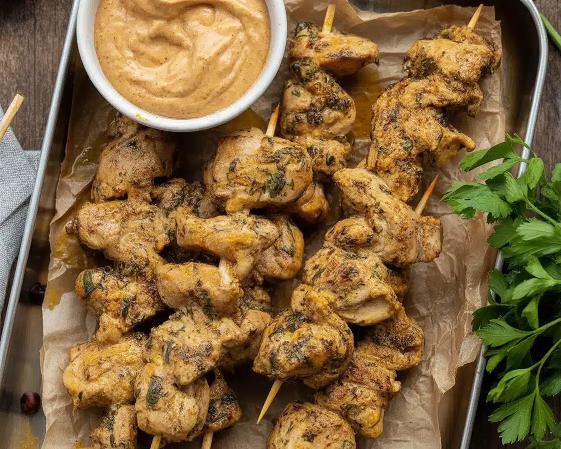 Grilled Cowboy Butter Chicken Skewers cooked to perfection with vibrant seasonings.