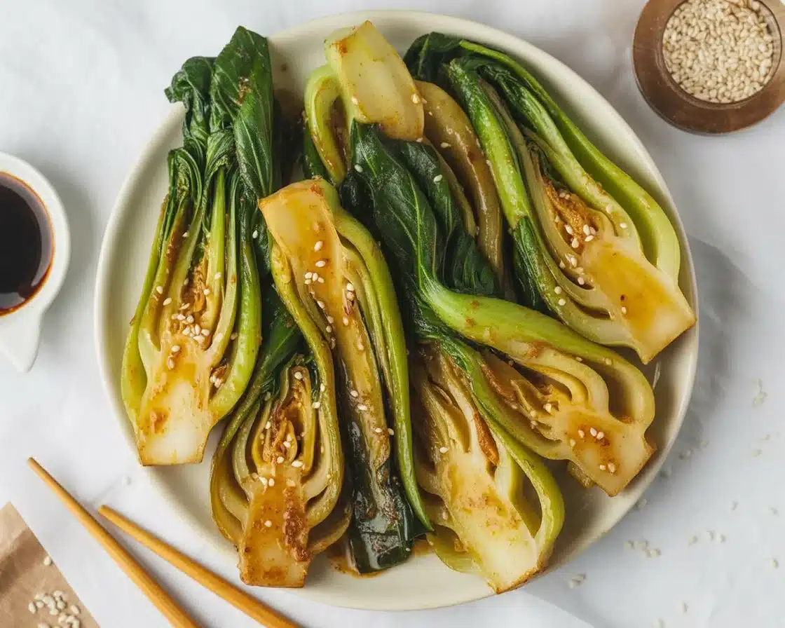 Quick bok choy with ginger chili sauce served in a bowl, garnished with ingredients.