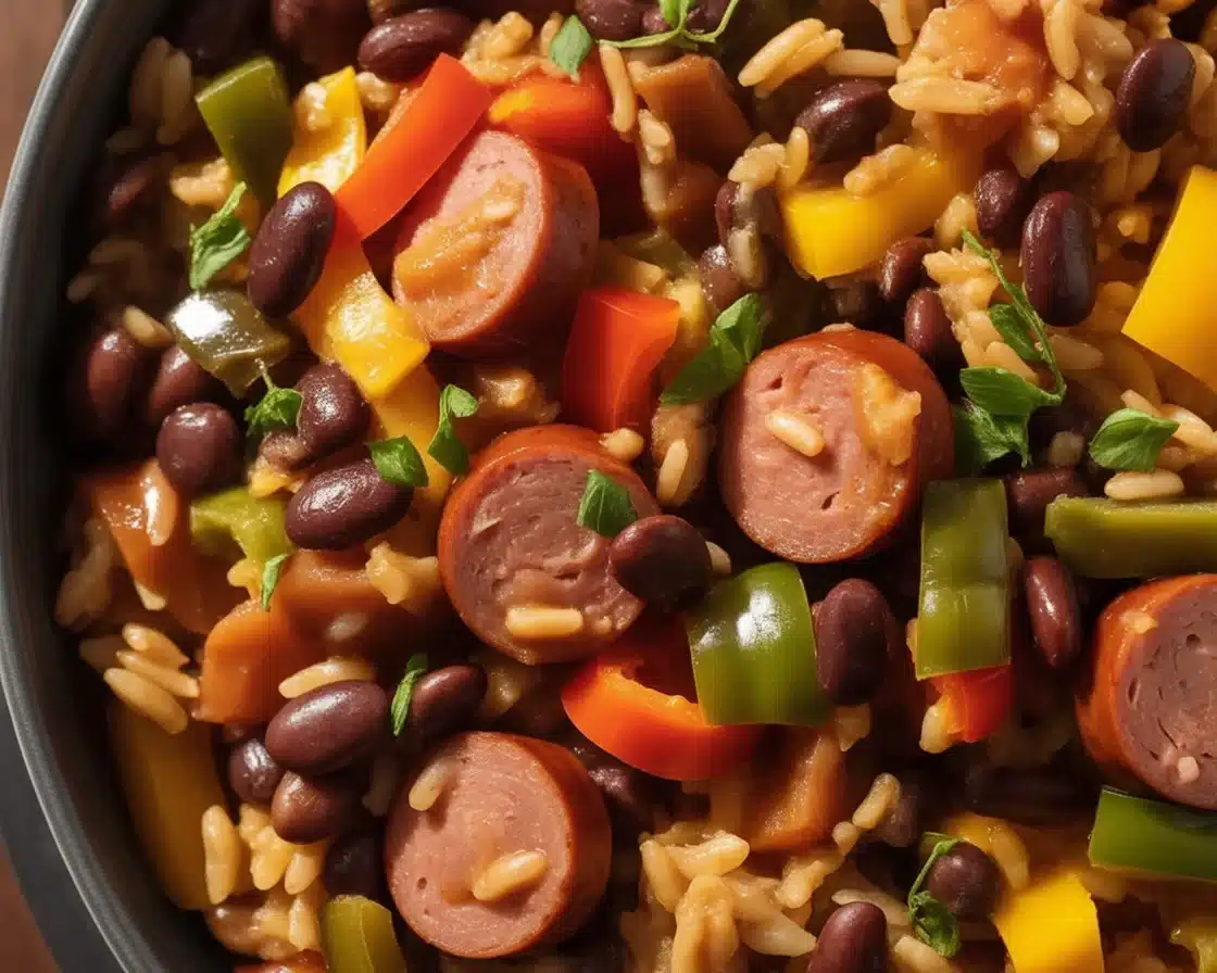 Delicious plate of Black Beans & Rice with Beef Sausage, perfect for family dinners.
