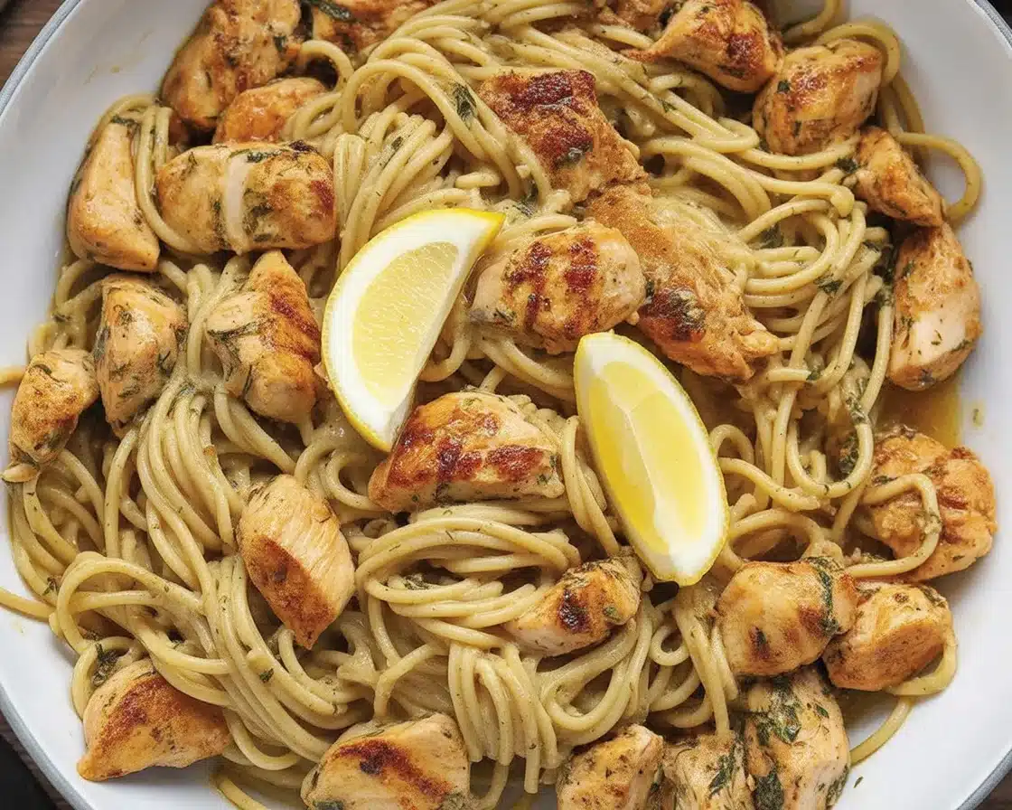 Delicious Cowboy Butter Chicken Pasta topped with creamy sauce and tender chicken strips.