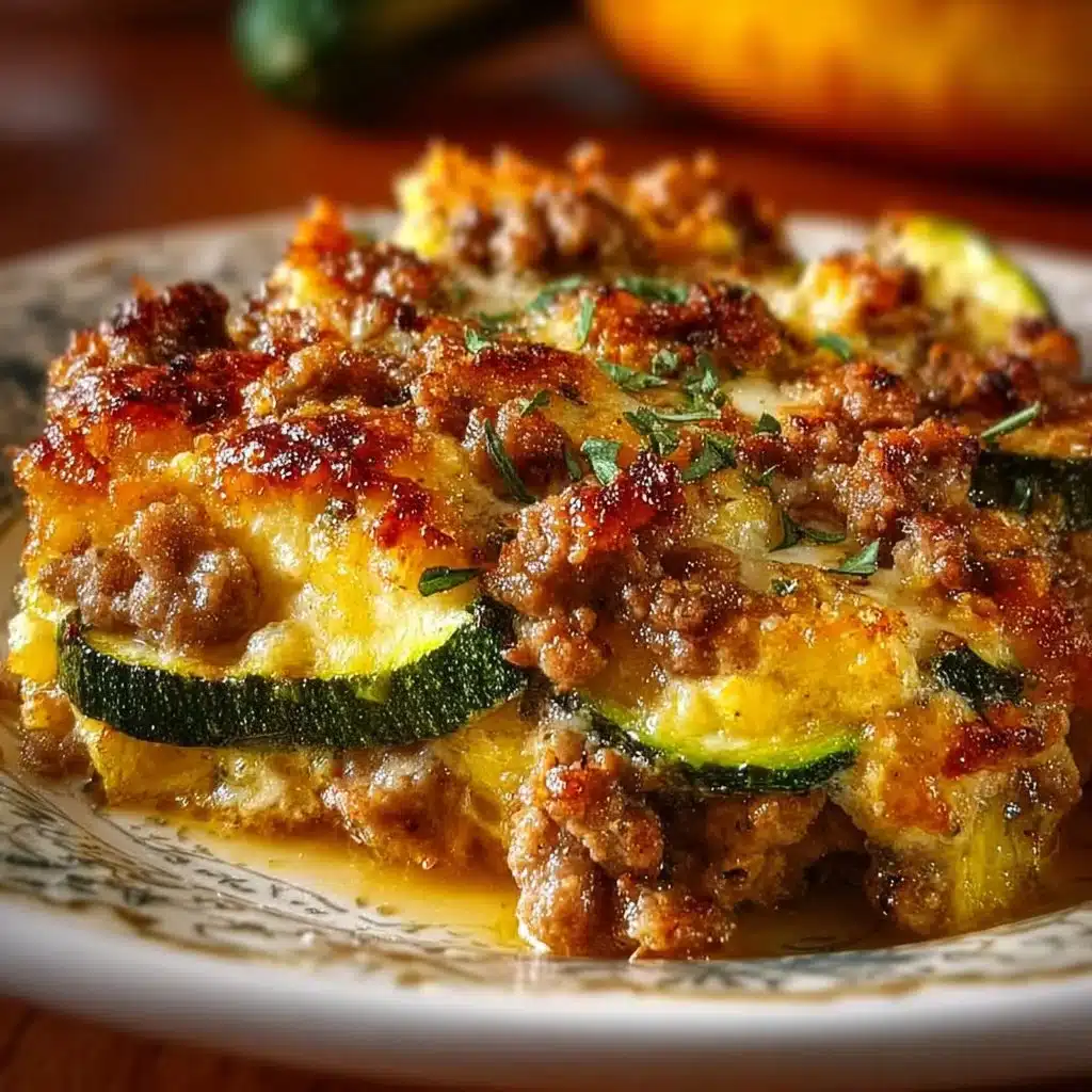 Savory ground turkey zucchini casserole in a baking dish garnished with herbs