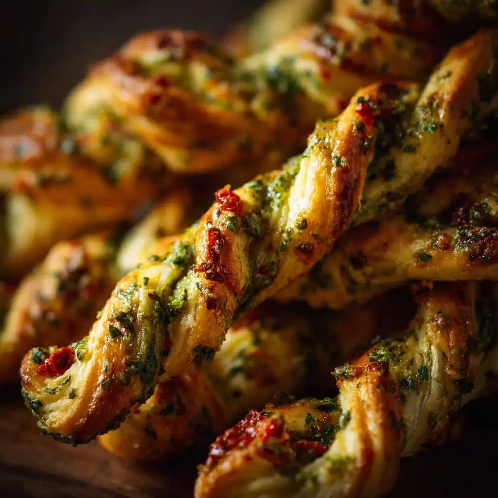 Savory puff pastry candy canes filled with cheese and herbs on a festive plate.