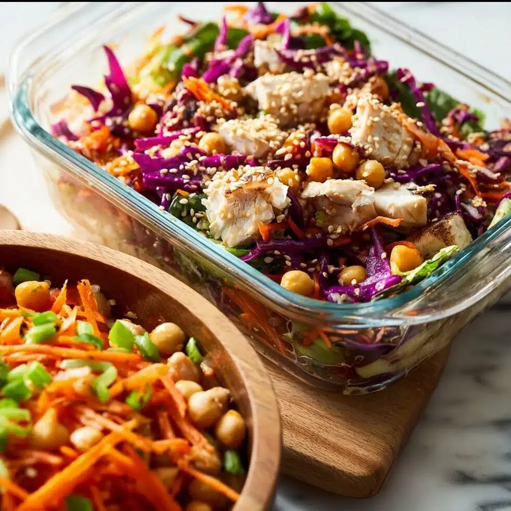 Sesame Chicken and Chickpea Salad served on a plate with fresh vegetables
