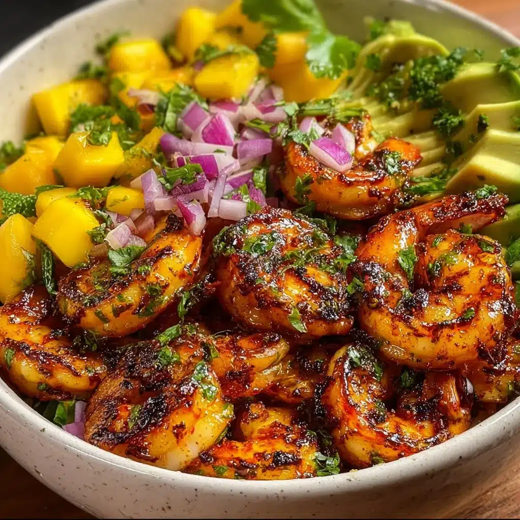 Shrimp avocado bowls topped with fresh herbs and vibrant vegetables