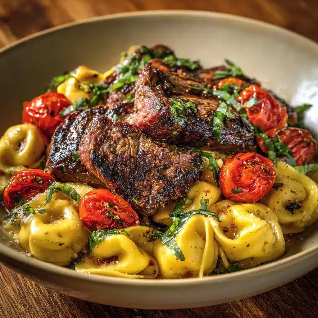 Delicious sizzling garlic steak tortellini garnished with herbs