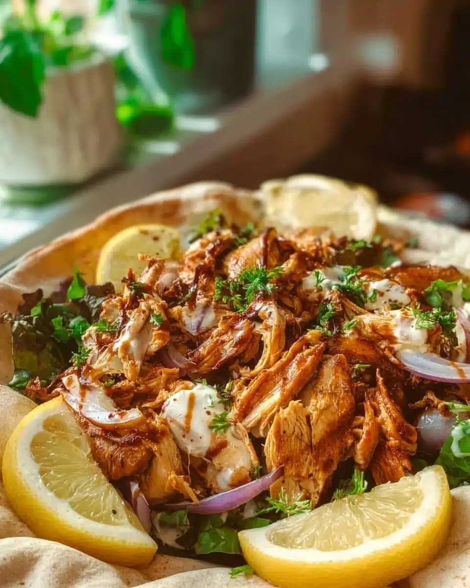 Slow cooker chicken shawarma with spices and toppings in a bowl
