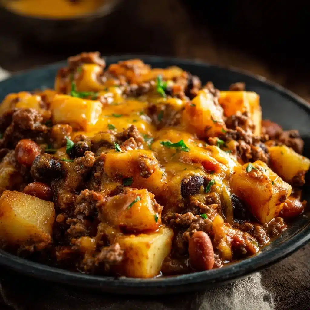 Delicious Slow Cooker Cowboy Casserole topped with melted cheese and crispy bacon