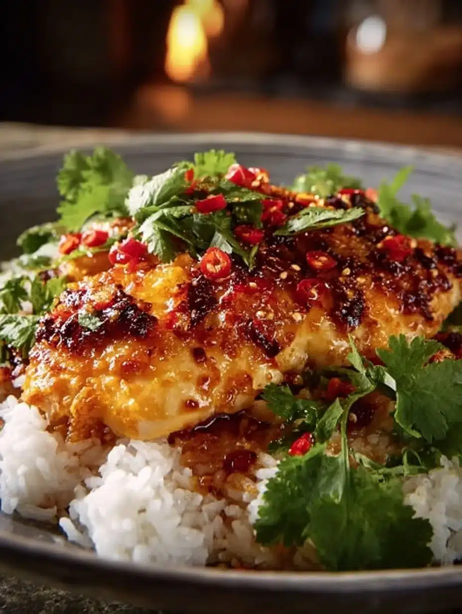 Delicious spicy maple chicken served with fluffy coconut rice on a plate.