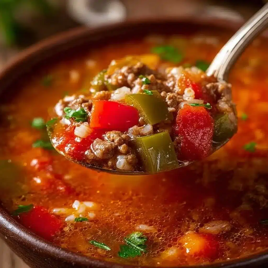 Delicious bowl of stuffed pepper soup with colorful vegetables and spices