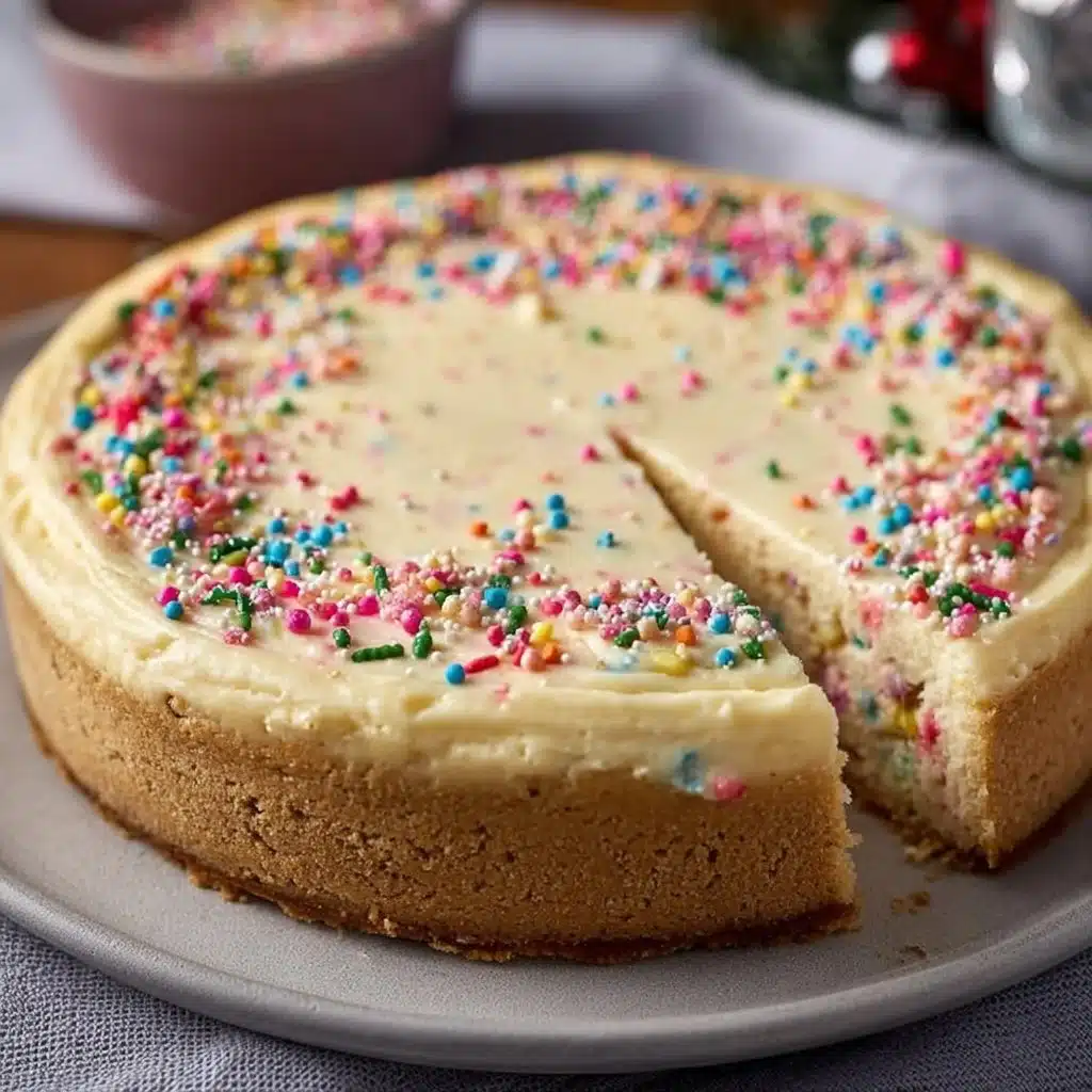Delicious homemade sugar cookie cheesecake topped with colorful sprinkles.