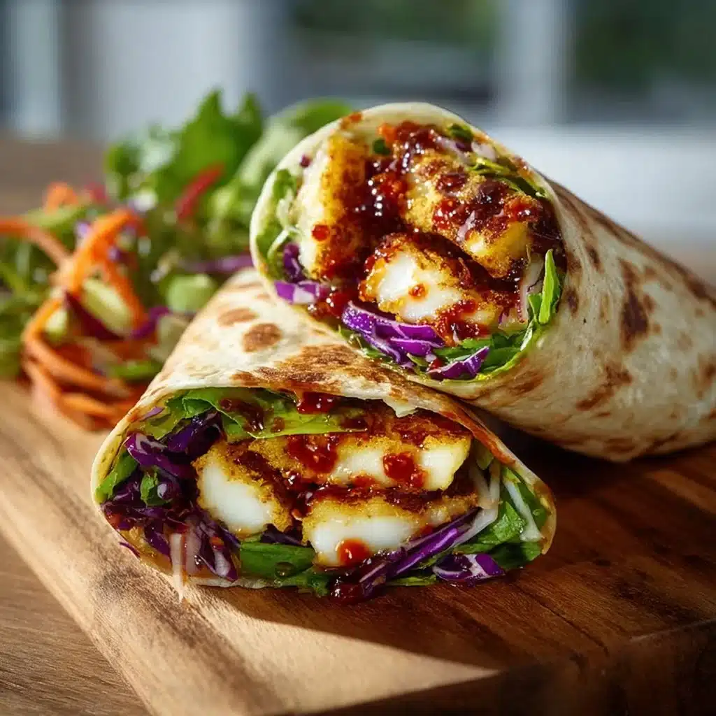 Delicious Sweet Chili Halloumi Wraps garnished with fresh vegetables