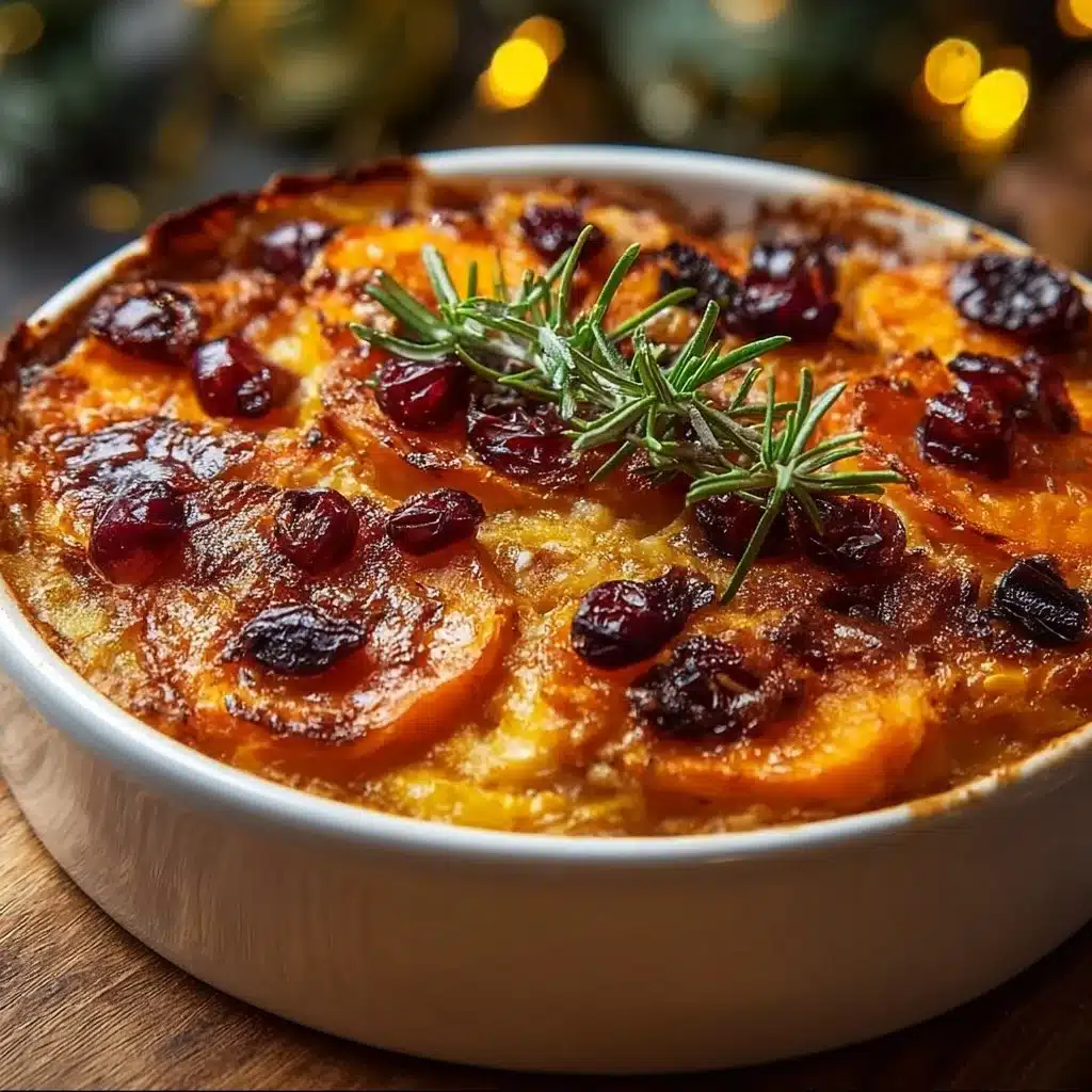 Sweet potato and cranberry gratin dish with fresh herbs on a wooden table