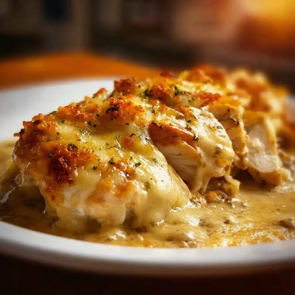 Baked Swiss Chicken Casserole topped with cheese and herbs
