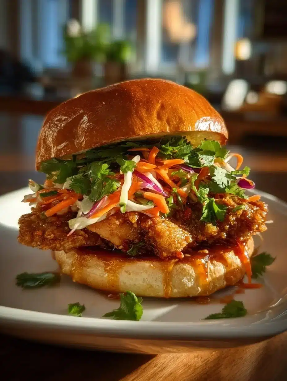Delicious Thai Fried Chicken Sandwich with vibrant toppings and spices