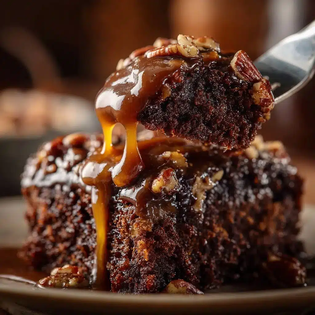 Delicious Turtle Poke Cake topped with chocolate, caramel, and nuts