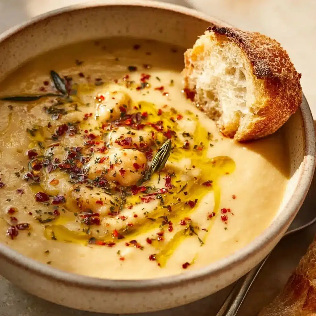 Bowl of Vegan Garlic Chickpea Soup garnished with herbs