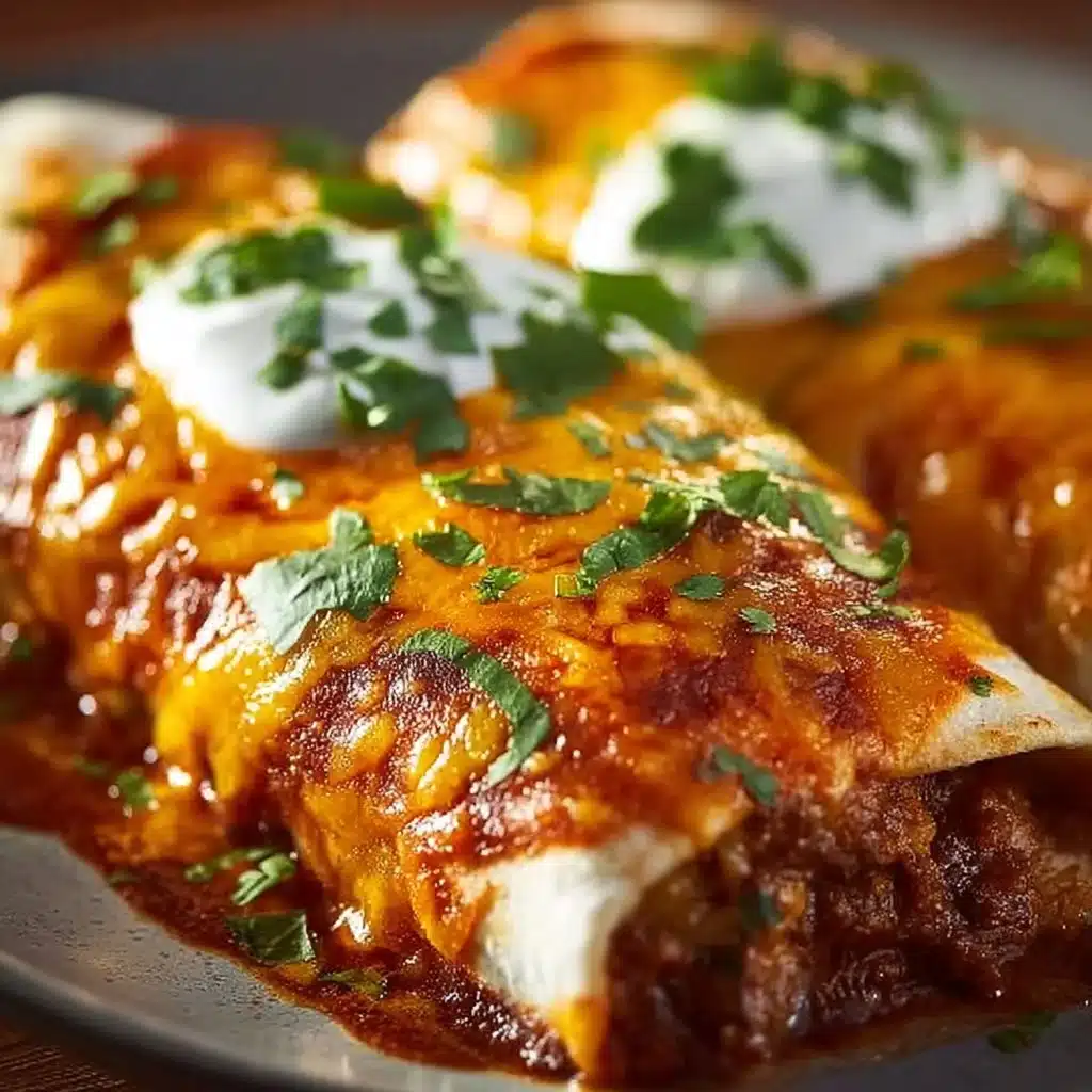 Delicious wet burritos smothered in sauce and filled with savory ingredients