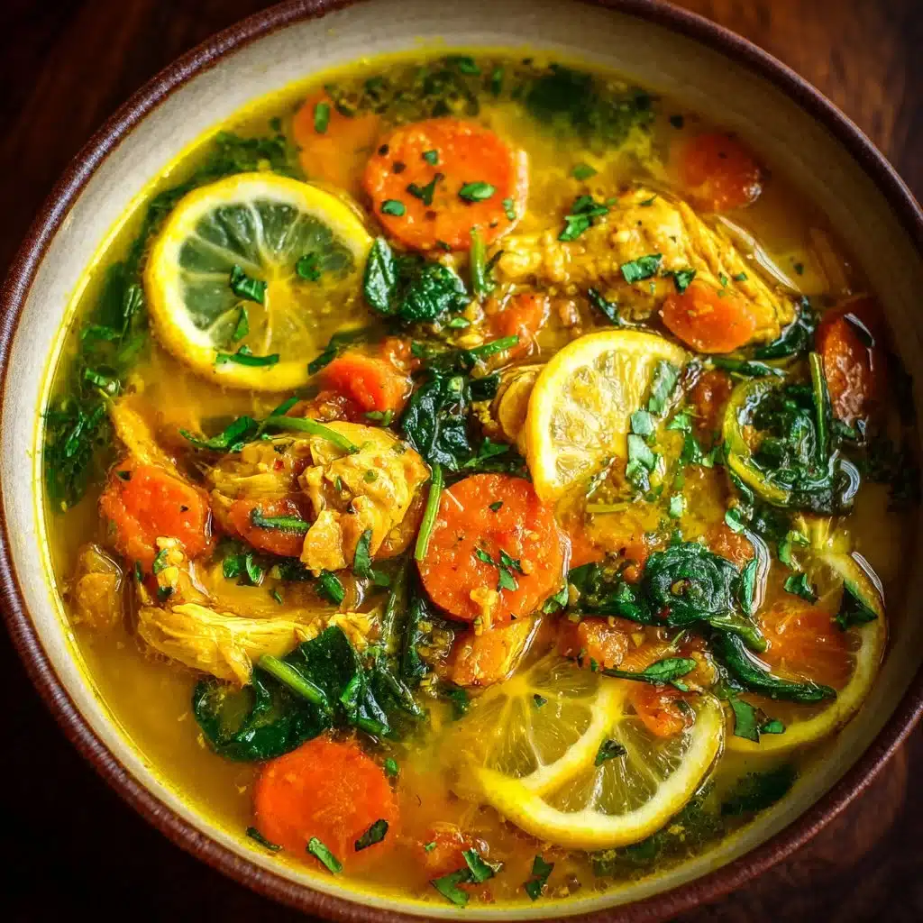 Bowl of anti-inflammatory turmeric chicken soup garnished with herbs.