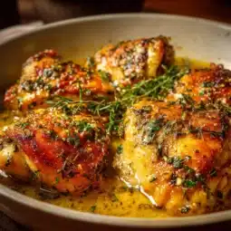 Baked Garlic Butter Chicken served with herbs and spices