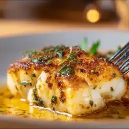 Baked Old Bay Garlic Butter Cod garnished with herbs and served on a plate