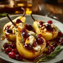 Baked pears with goat cheese and cranberries on a plate