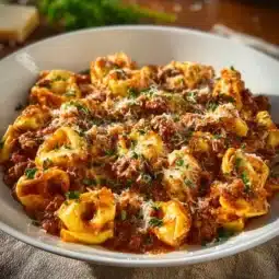 Baked Three-Cheese Tortellini with Ground Beef topped with cheese