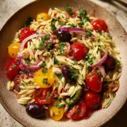 Balsamic orzo salad with mixed vegetables and balsamic dressing in a bowl