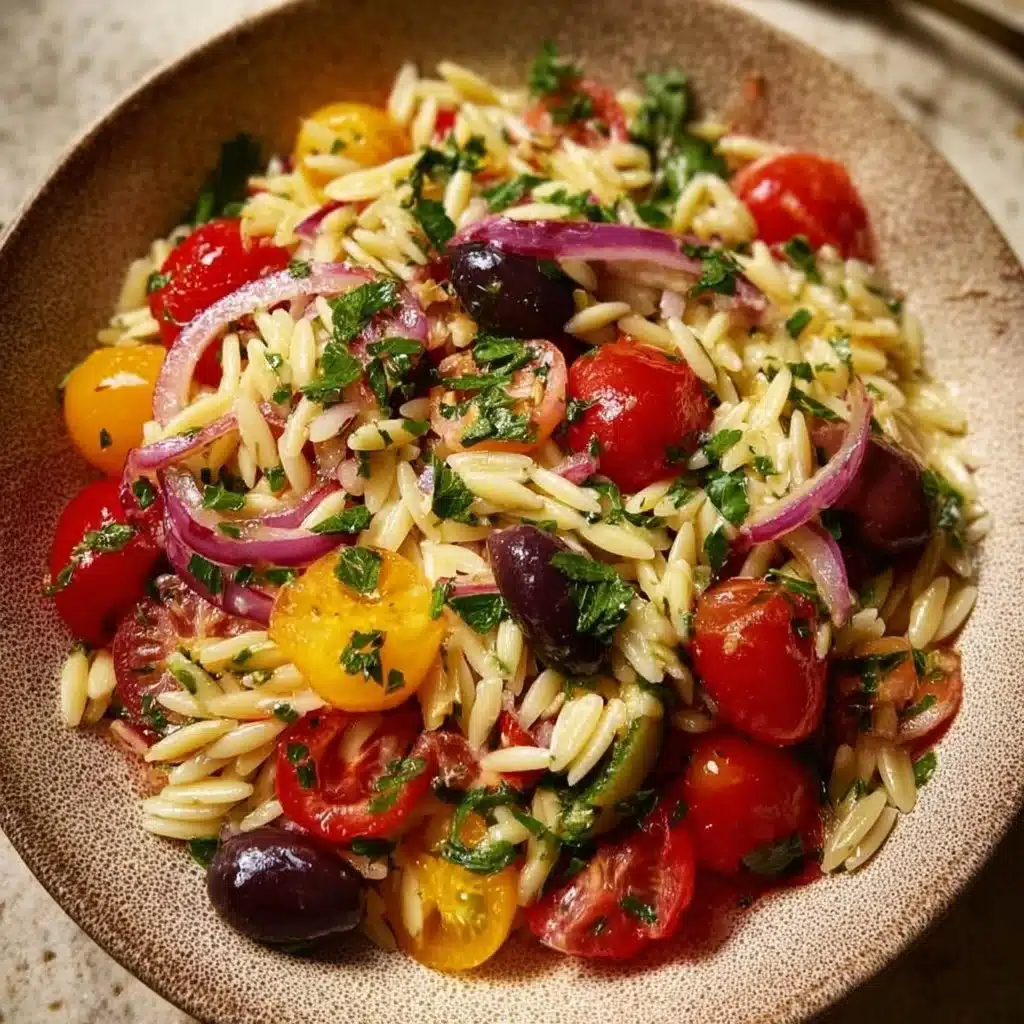 Balsamic orzo salad with mixed vegetables and balsamic dressing in a bowl
