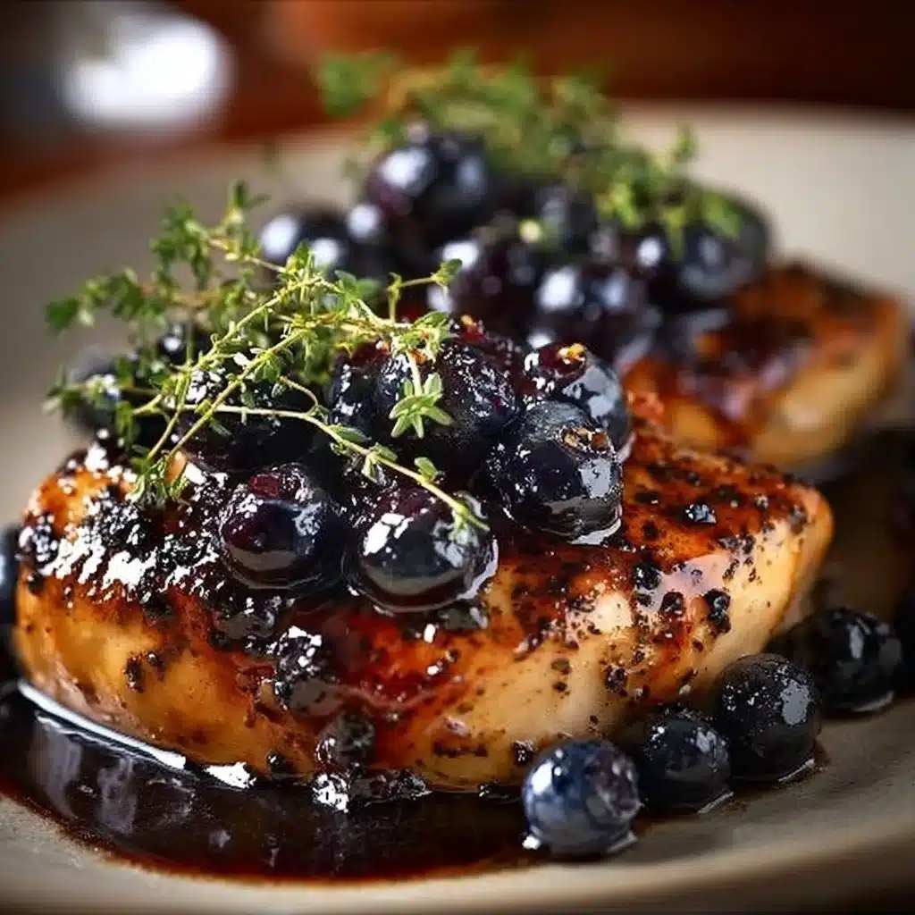 Plate of best-ever blueberry thyme chicken with fresh herbs and blueberries