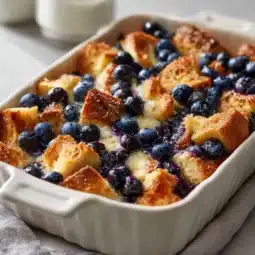 Delicious blueberry French toast casserole topped with fresh blueberries and syrup.