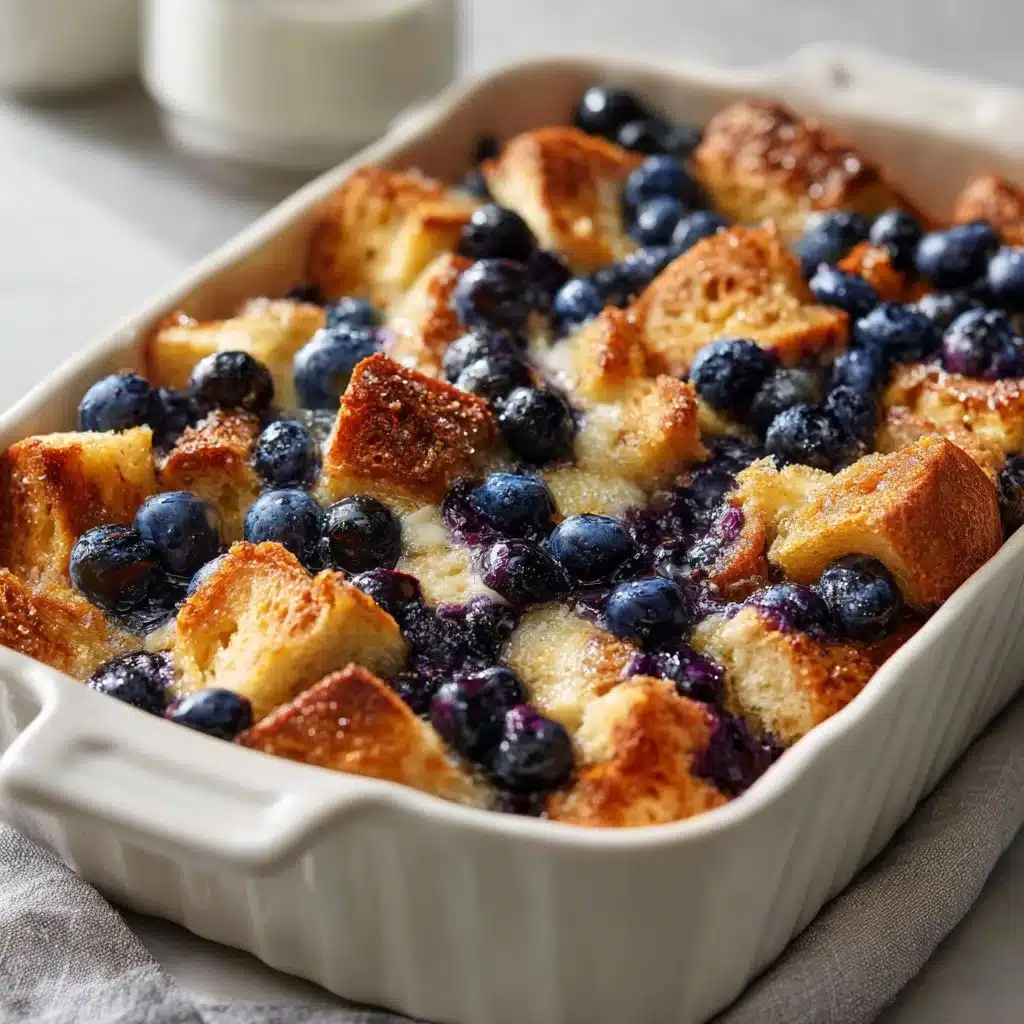 Delicious blueberry French toast casserole topped with fresh blueberries and syrup.