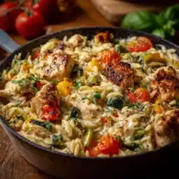 Boursin Orzo Bake with Chicken and Veggies in a baking dish