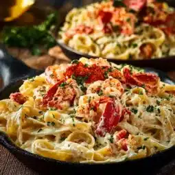 Creamy Cajun Seafood Alfredo with lobster and crab served in a bowl