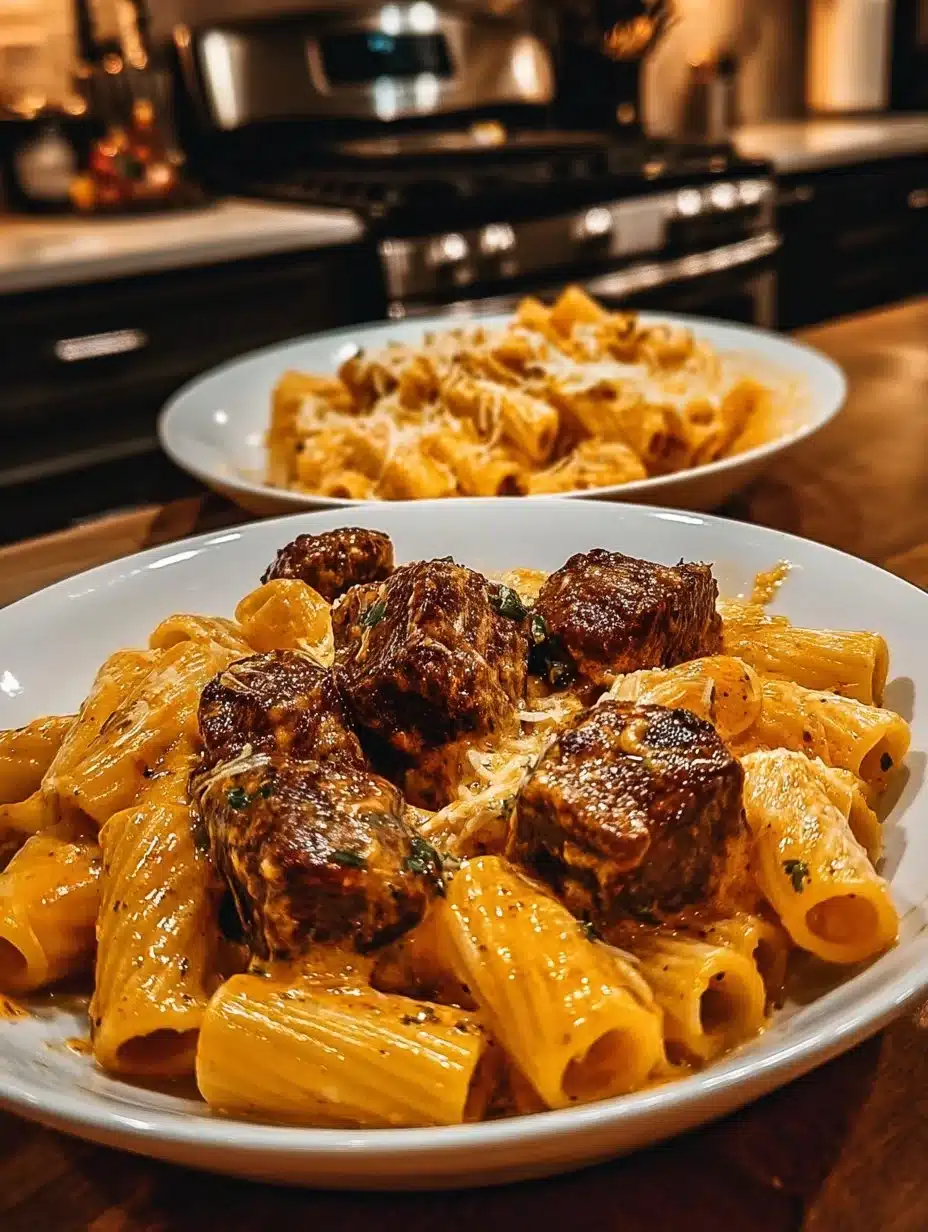 Delicious Cajun Steak Tips served with creamy Parmesan rigatoni dish