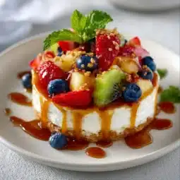 Caramel Crunch Cheesecake Fruit Salad with fresh fruits and caramel drizzle.