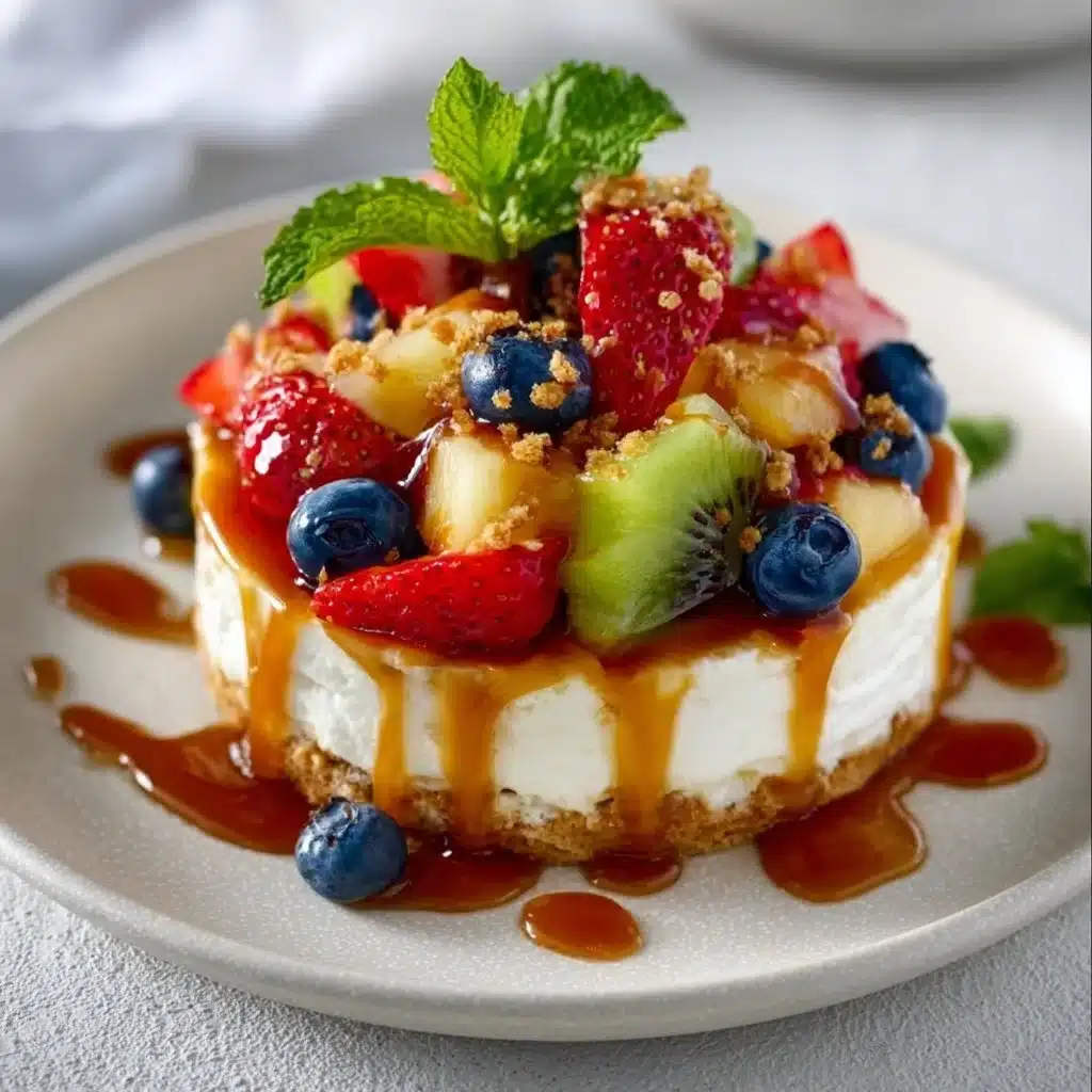 Caramel Crunch Cheesecake Fruit Salad with fresh fruits and caramel drizzle.