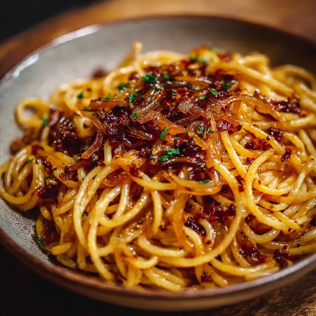 Plate of Caramelized Onion Pasta drizzled with chili oil.