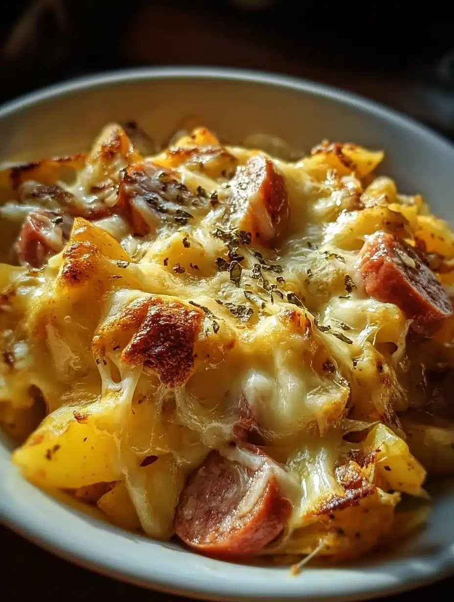 Delicious Cheesy Ranch Potatoes with smoked sausage ready to serve as a hearty dish.