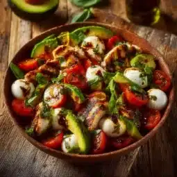 Delicious Chicken Avocado Caprese Salad with fresh tomatoes and basil