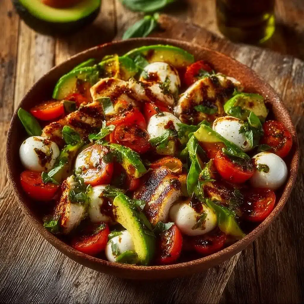Delicious Chicken Avocado Caprese Salad with fresh tomatoes and basil