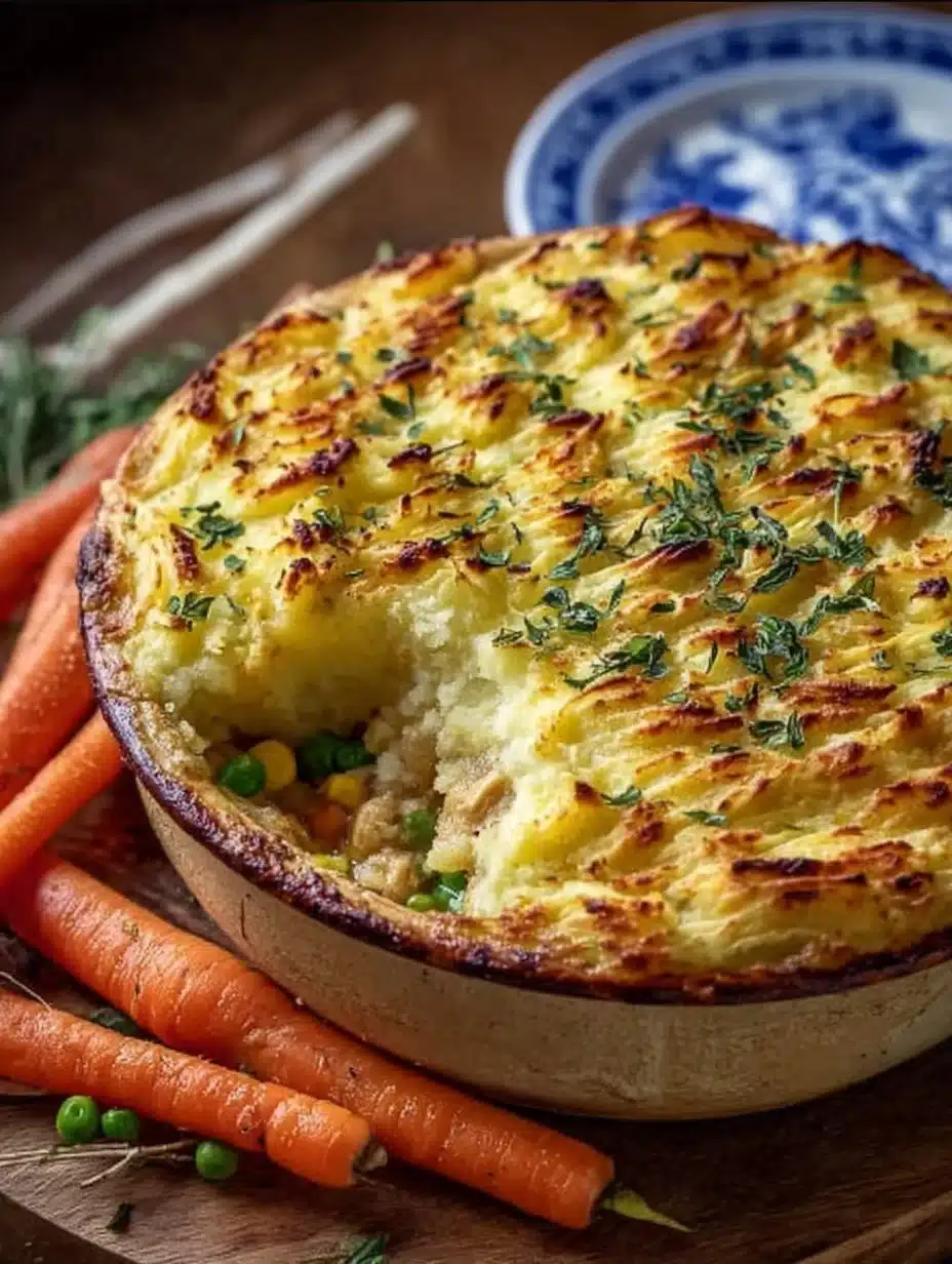 Homemade Chicken Shepherd's Pie topped with golden mashed potatoes.