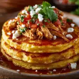 Delicious chicken tamale pancakes served with salsa and avocado