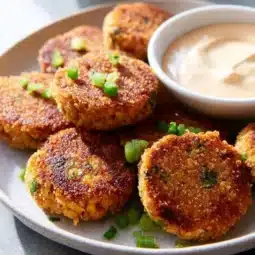 Delicious homemade chickpea fritters served with dipping sauce