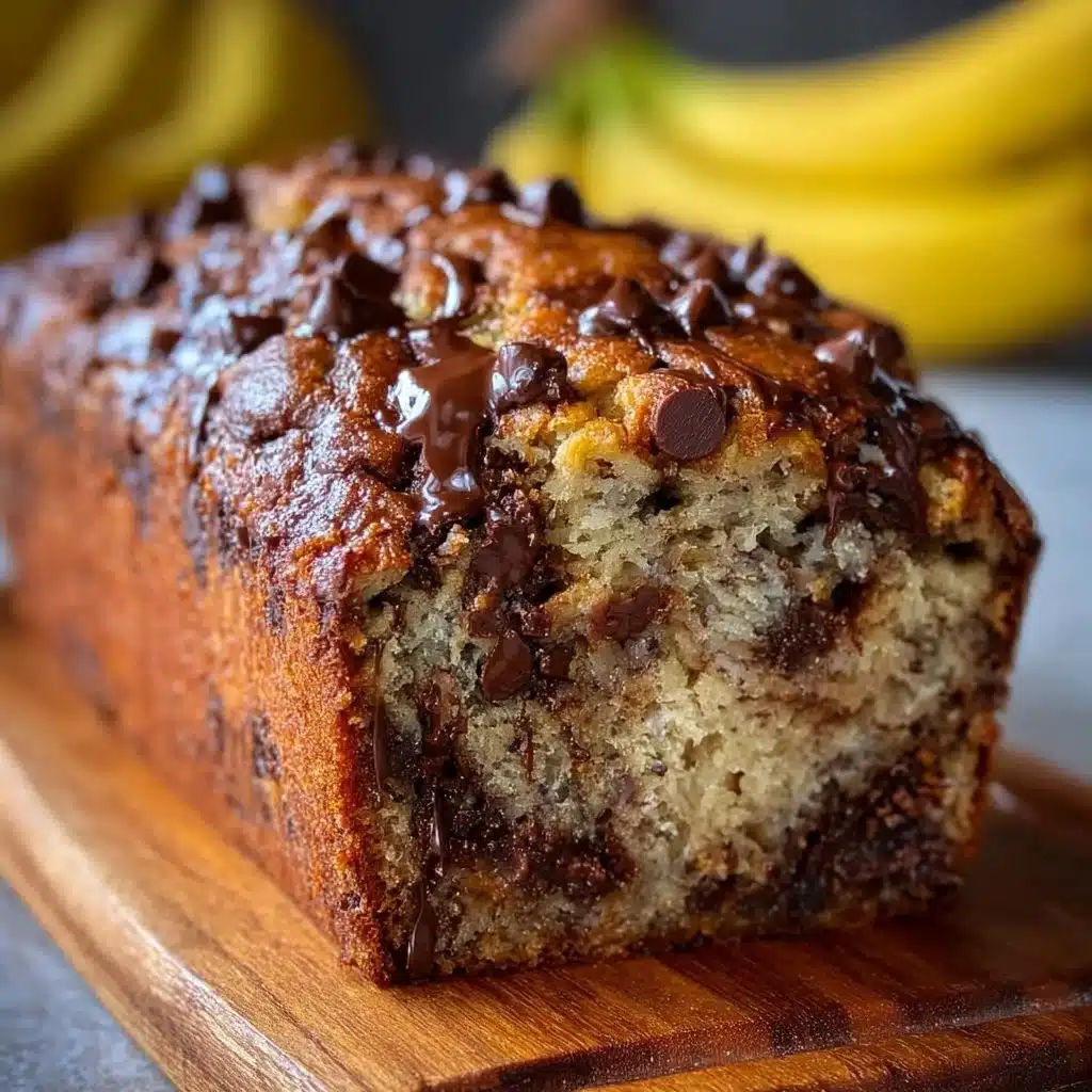 Delicious homemade chocolate chip banana bread sliced on a wooden board.