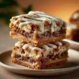 Delicious cinnamon roll bliss bars topped with creamy frosting and cinnamon sugar.