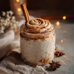 Delicious cinnamon roll overnight oats topped with cinnamon and frosting