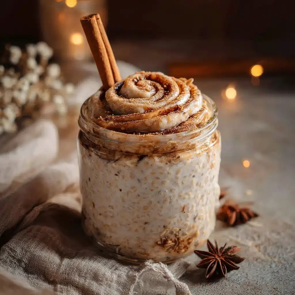 Delicious cinnamon roll overnight oats topped with cinnamon and frosting