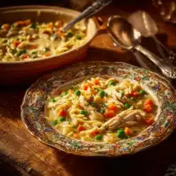 Cozy chicken pot pie orzo recipe in a bowl with vegetables and flaky crust.